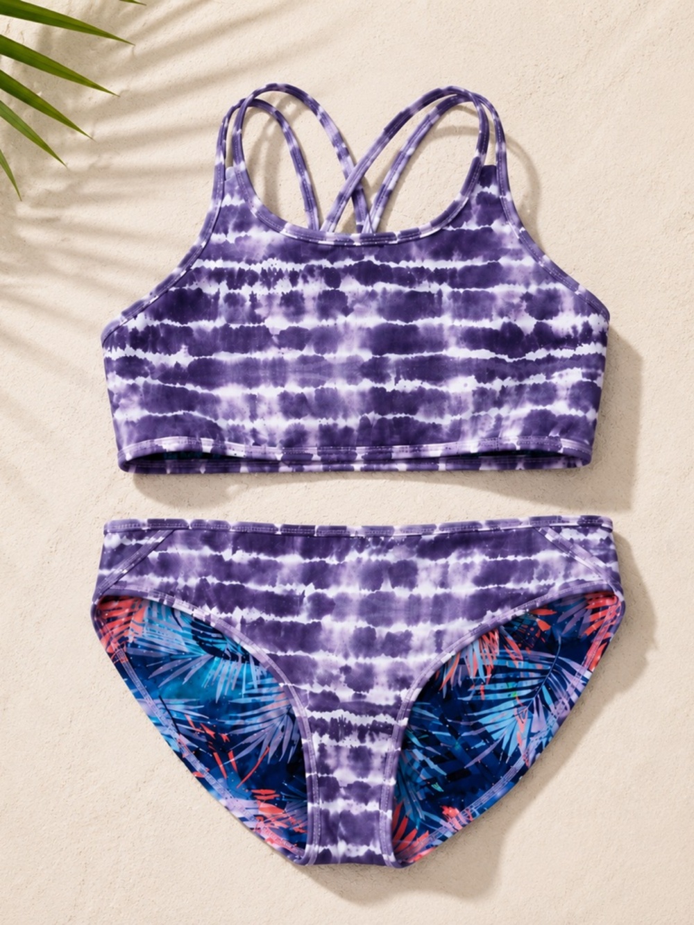 Athleta Girl Reversible Bikini Set Purple Tie Dye Tropical Palm Print Girls M